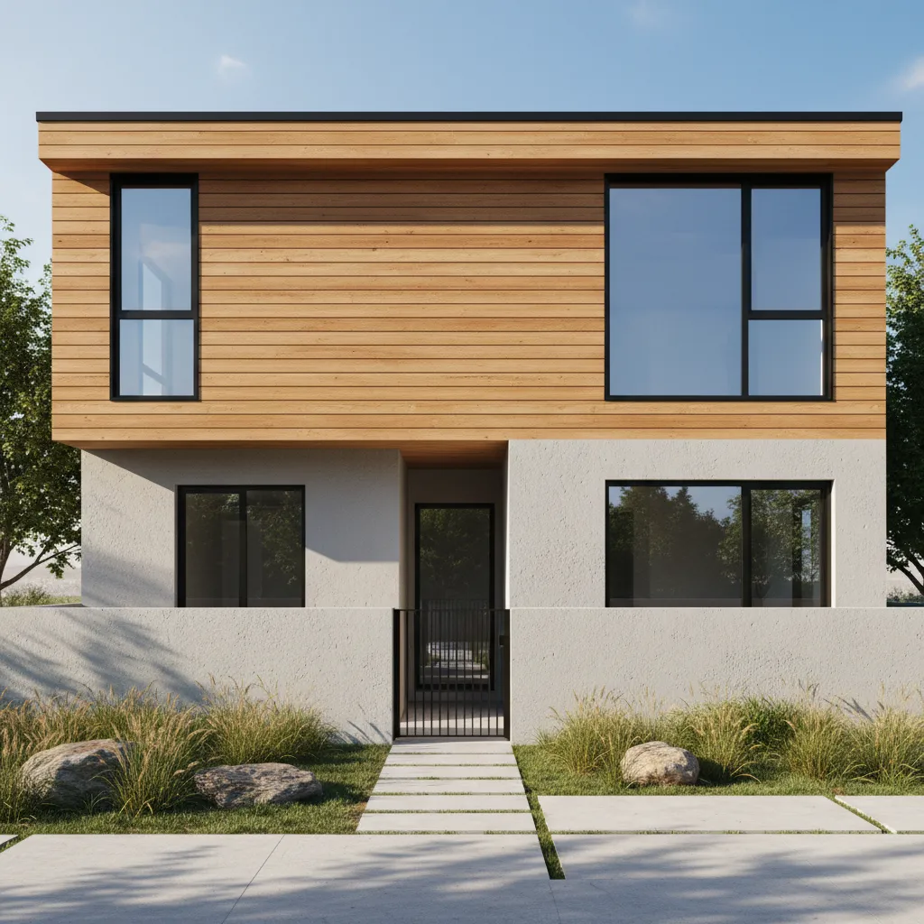Modern two story house with wood panels upper level white lower walls and concrete path