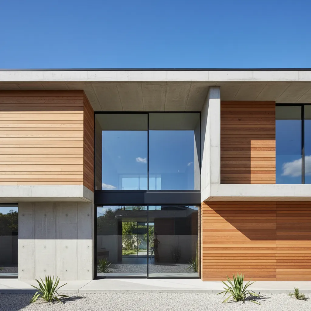 Fachada moderna combinando hormigón, madera y vidrio