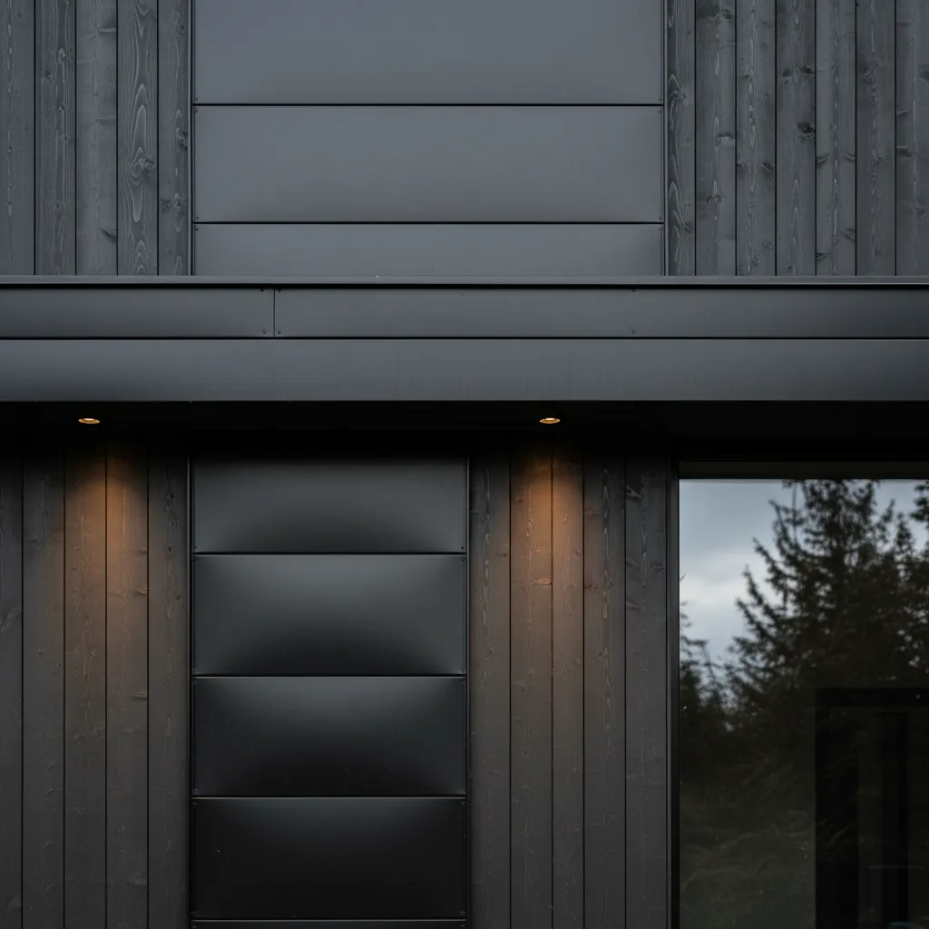 Detalle de materiales y texturas en una fachada negra moderna