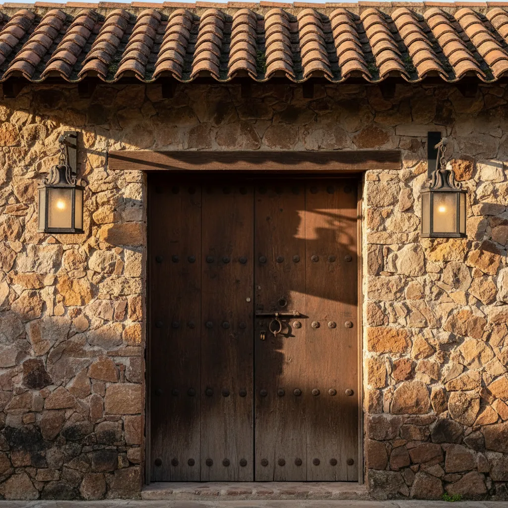 Detalle de fachada rústica mexicana con piedra natural y puerta de madera maciza