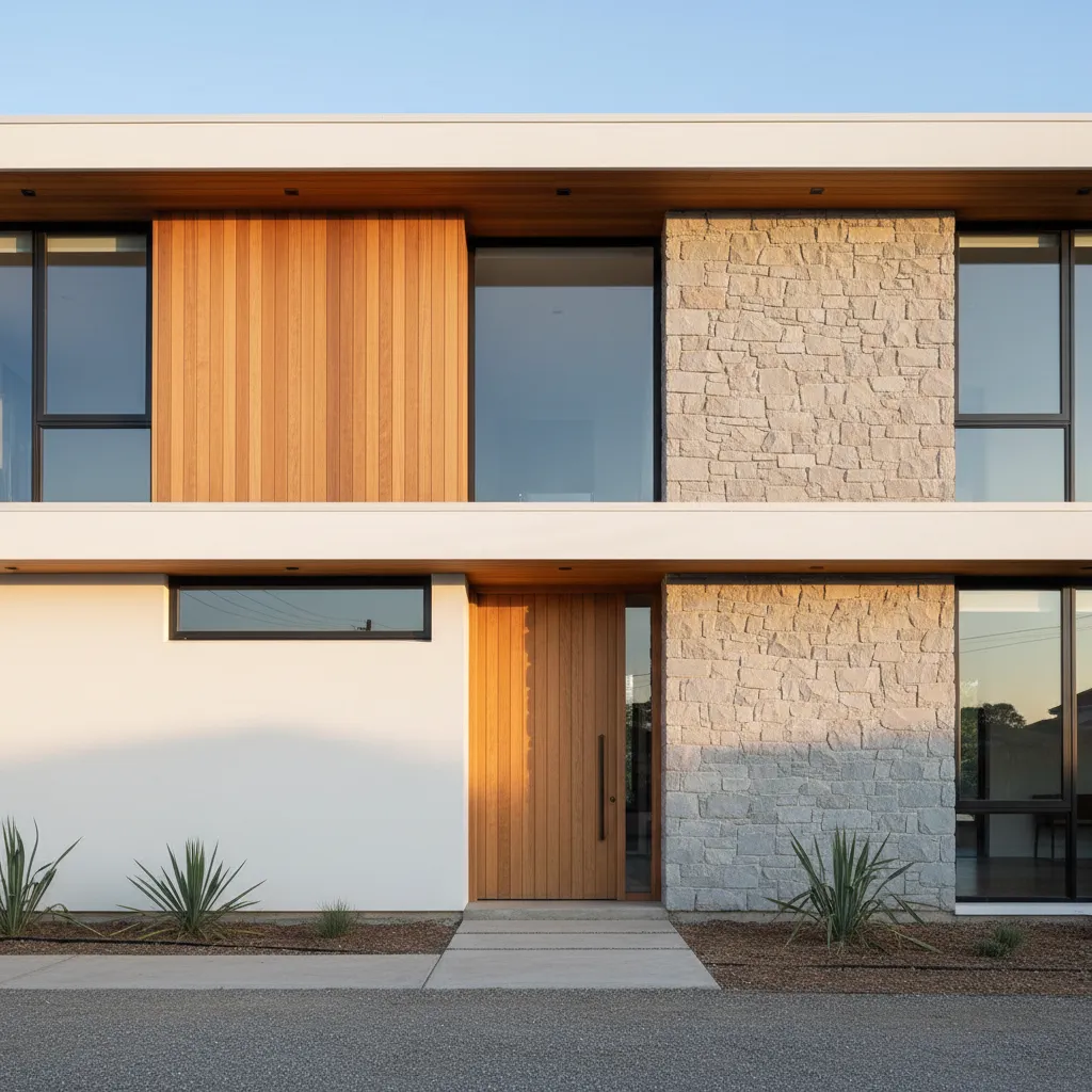 Casa moderna con combinación de piedra, madera y pared blanca