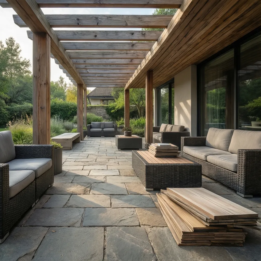 Outdoor patio with stone floors wooden roof wicker sofas cushions and stacks of wood planks