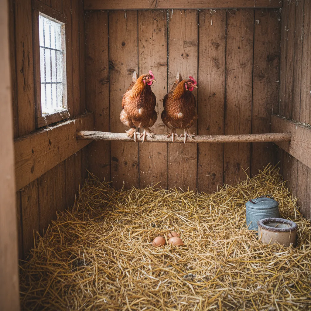 Interior de gallinero construido con madera y cama de paja