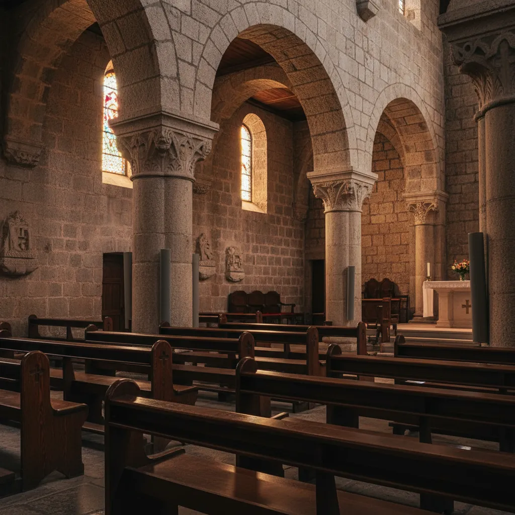 Detalle de materiales de piedra y madera en iglesia
