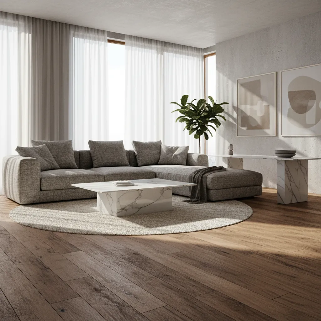 Render interior mostrando materiales realistas y luz natural