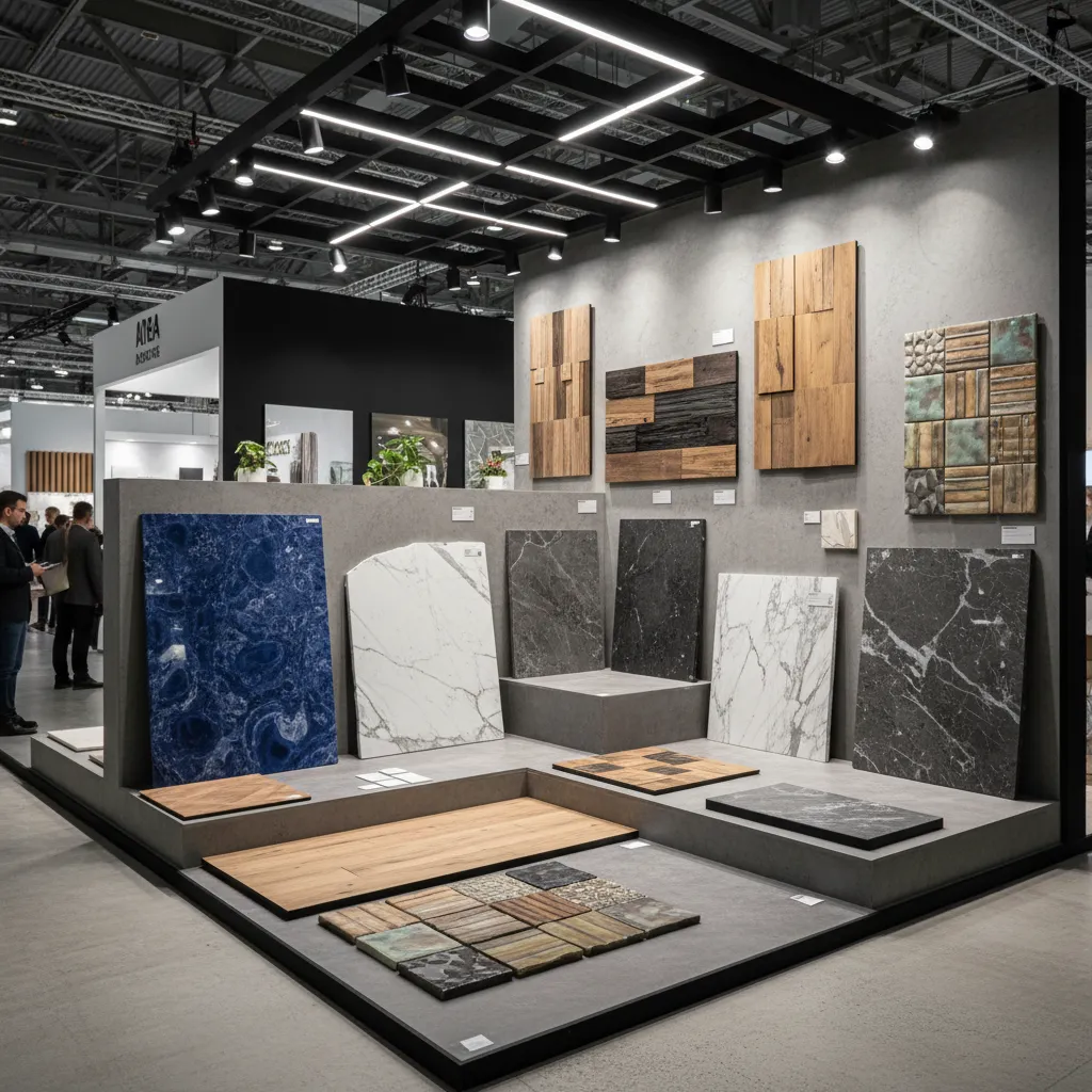 Muestra de materiales innovadores para interiores en una feria profesional