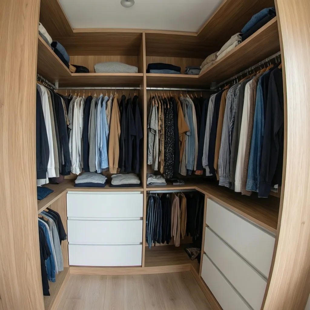 Interior de armario con acabado en madera clara y organización minimalista