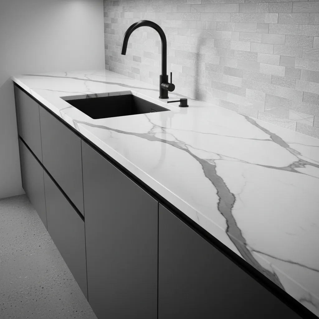 Close up of white marble countertop with black sink, black faucet, and grey kitchen cabinets