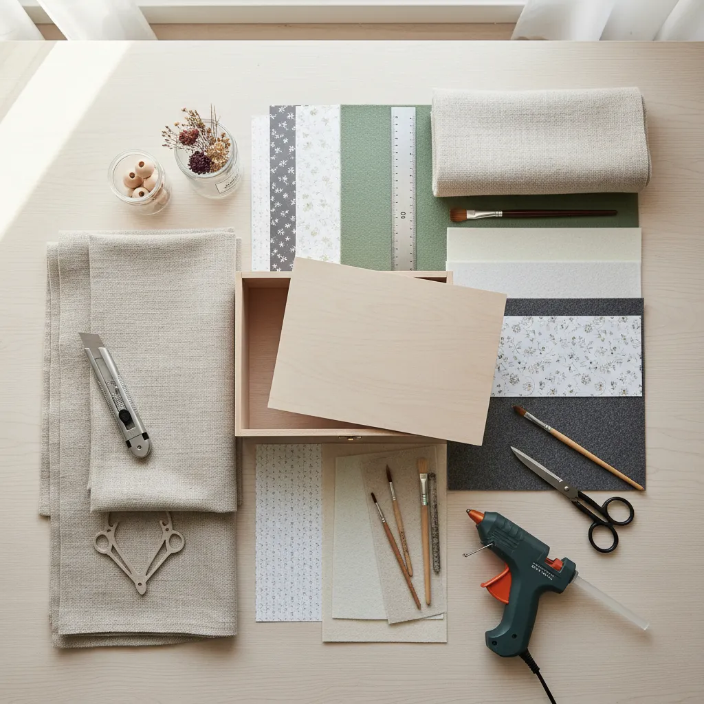 Materiales como tela, papel decorativo y fieltro para decorar cajas de madera