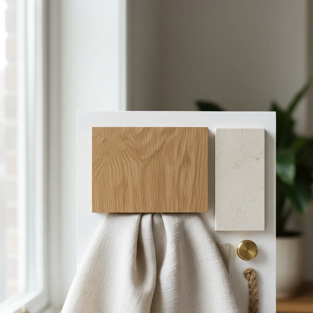 Detalle de materiales naturales como madera, lino y piedra