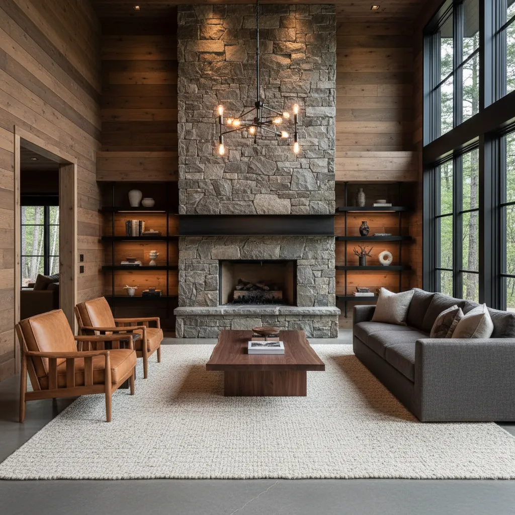 Living room with stone fireplace wooden walls leather armchairs grey sofa and black ceiling light