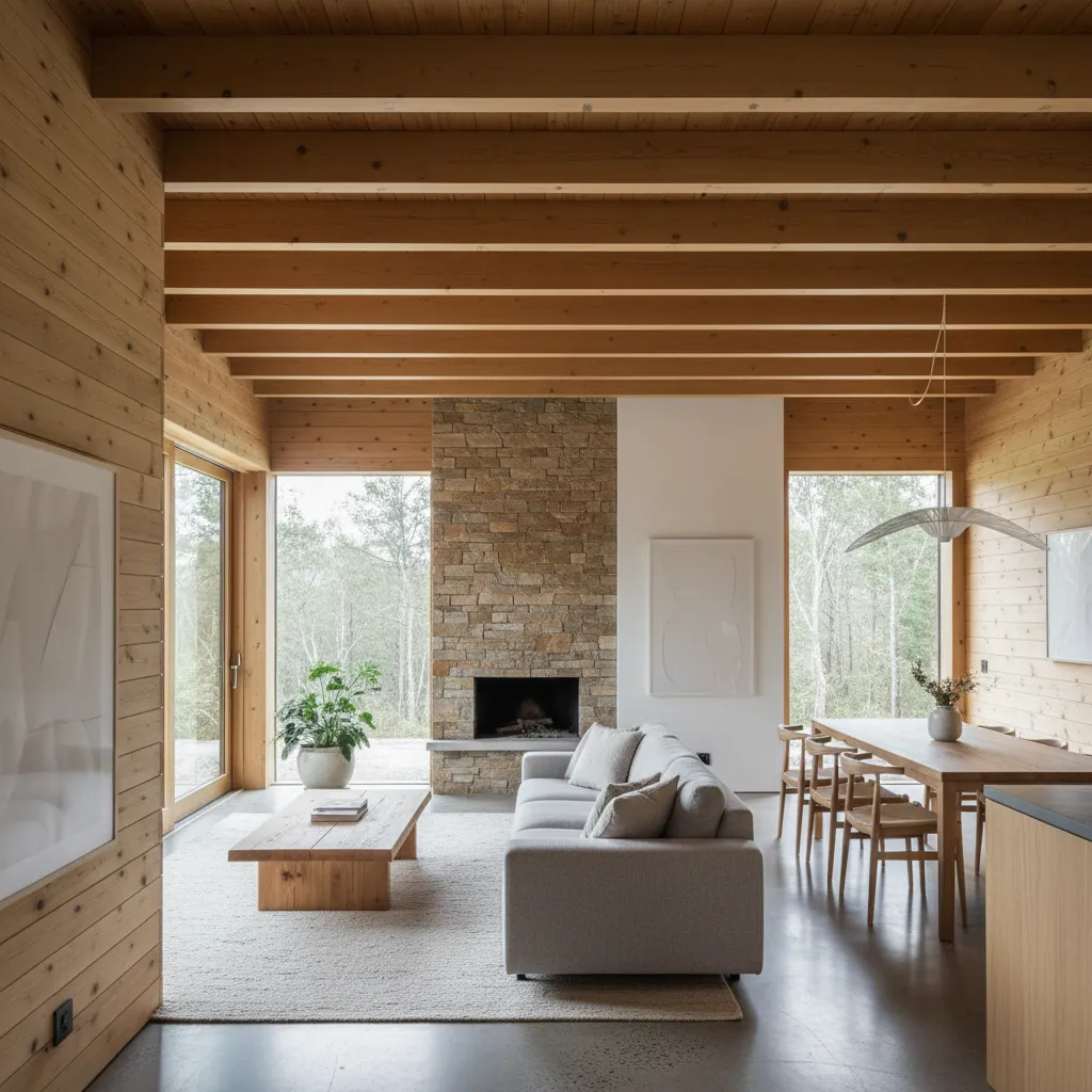 interior de casa con madera combinada con paredes blancas y piedra