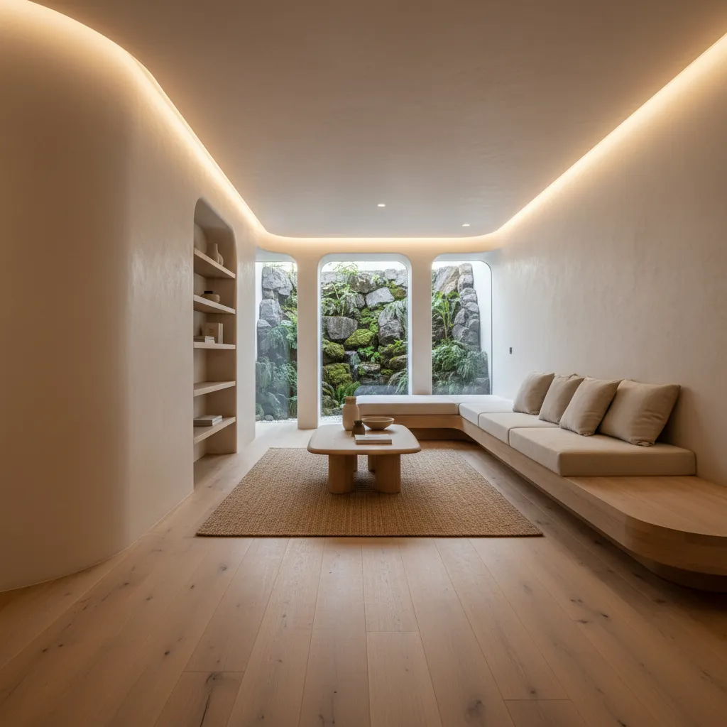 Interior subterráneo con paredes de microcemento y madera clara