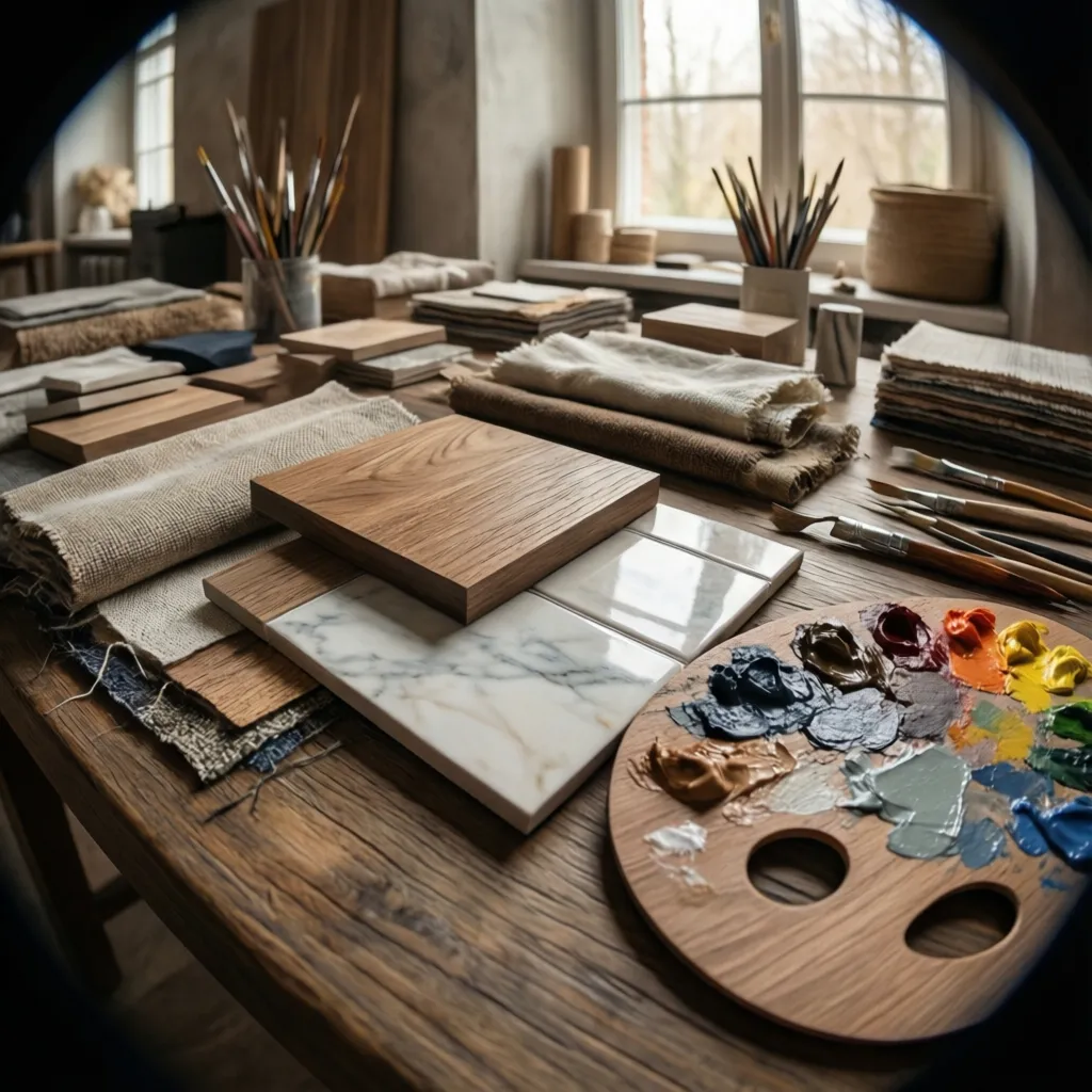 Wood samples marble tiles fabric pieces and paint palette resting on a rustic wooden table