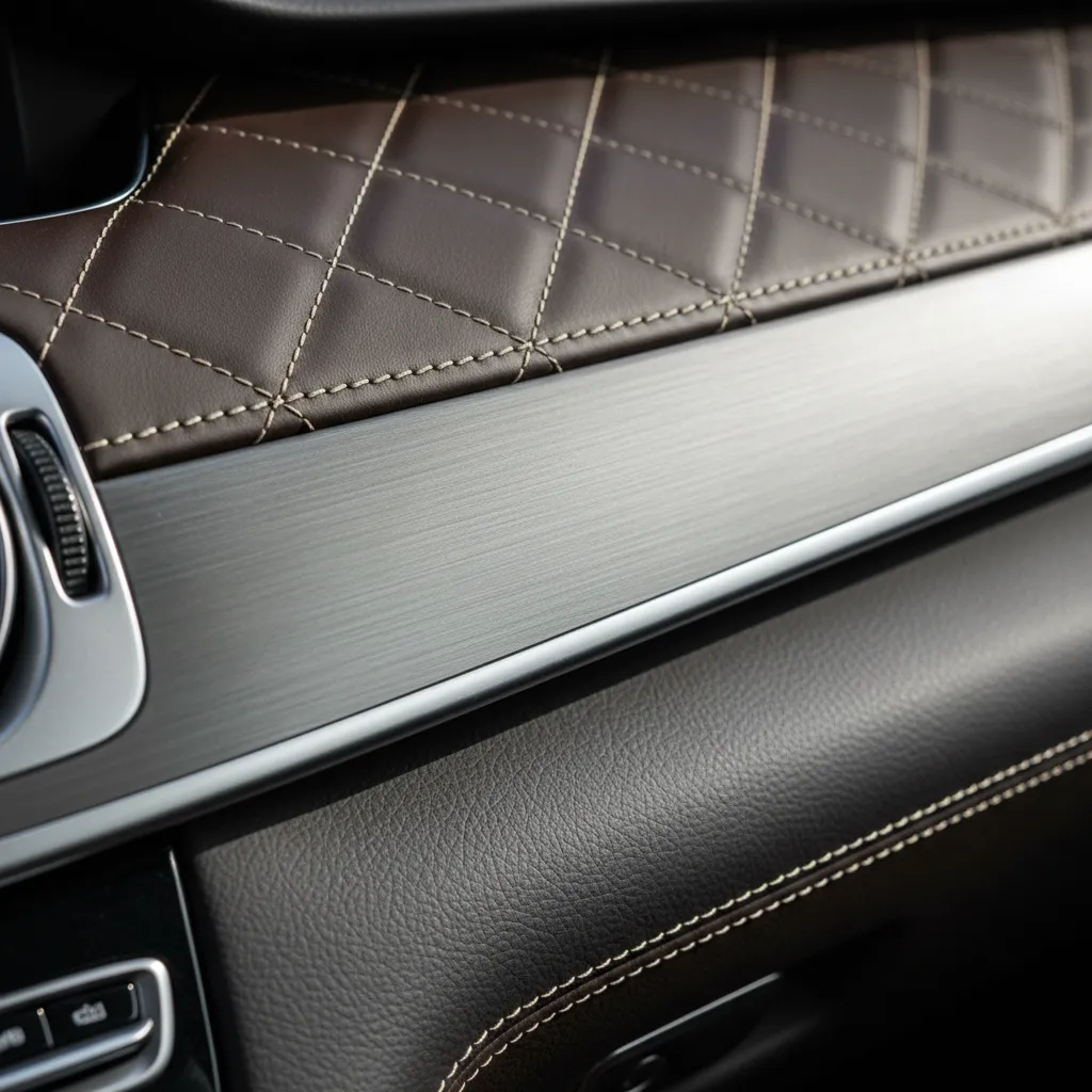 Luxury car interior dashboard featuring brown quilted leather silver metal trim and black leather finish