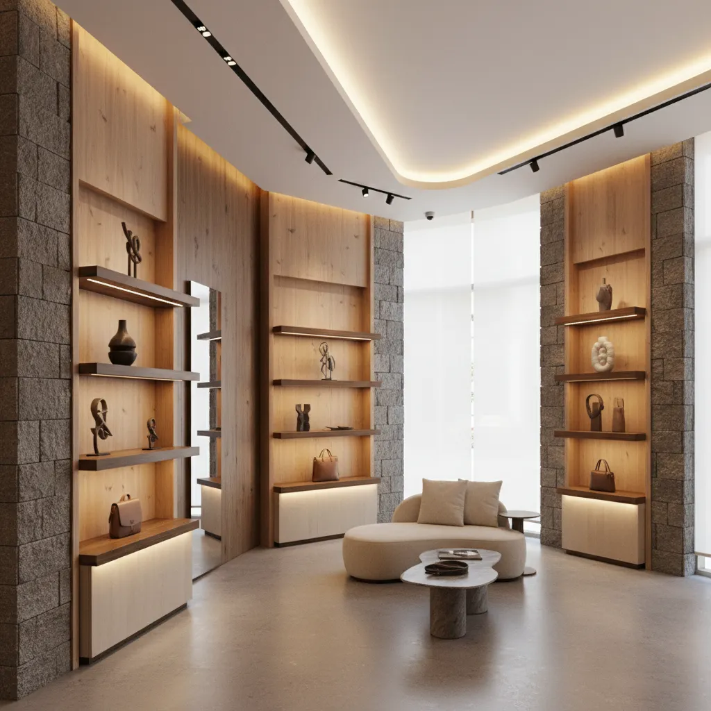 Interior comercial con materiales naturales y diseño moderno