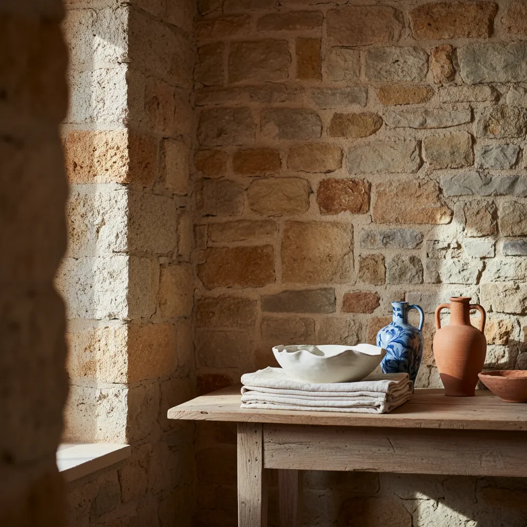 Materiales naturales en interior mediterráneo con piedra y madera