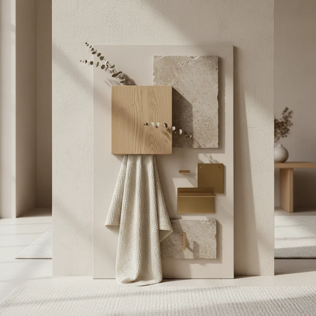 Interior design material board featuring wood, stone, gold metal handles, fabric, and a plant branch