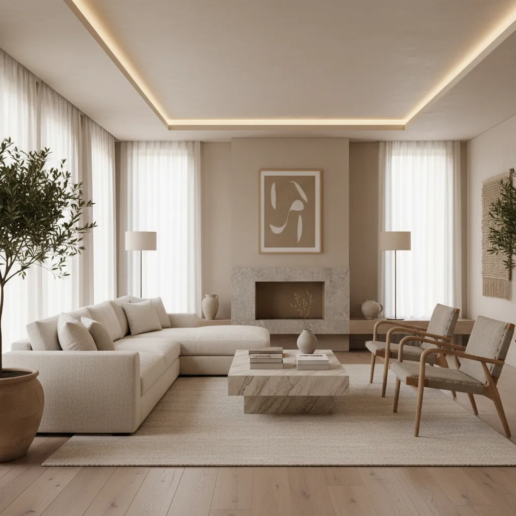 Materiales naturales y paleta de colores neutros en salón moderno