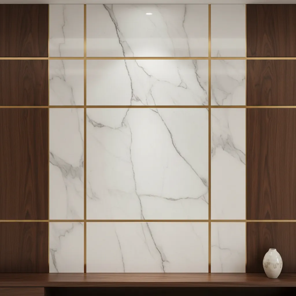 Detalle de materiales de lujo como mármol madera y metal en interior moderno
