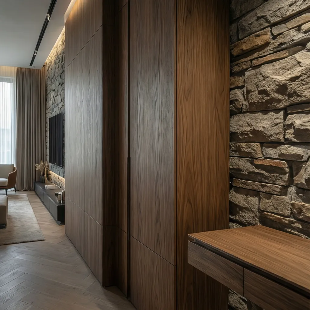 Detalle de materiales de lujo en interior con madera natural y piedra
