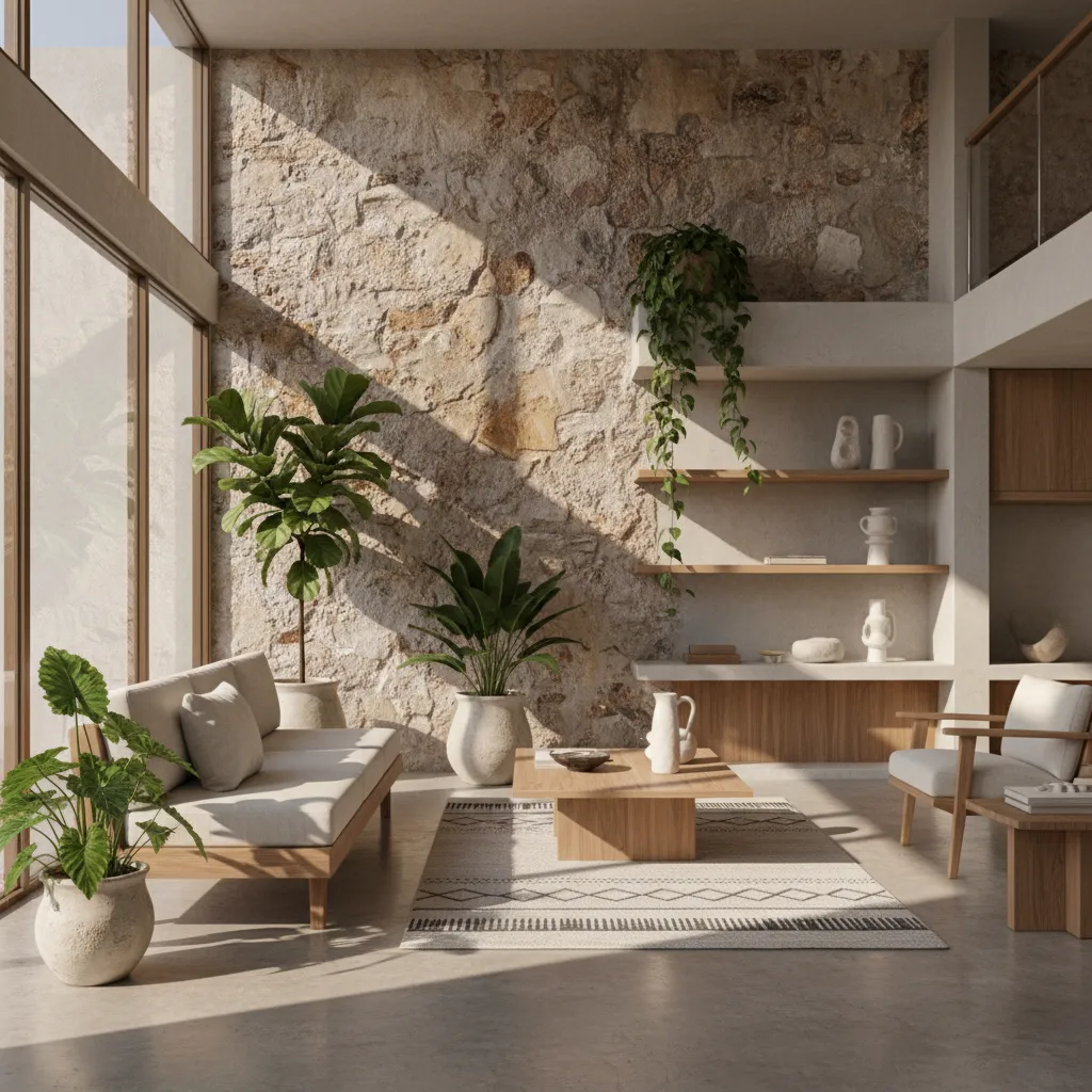 Interior con madera clara y piedra natural