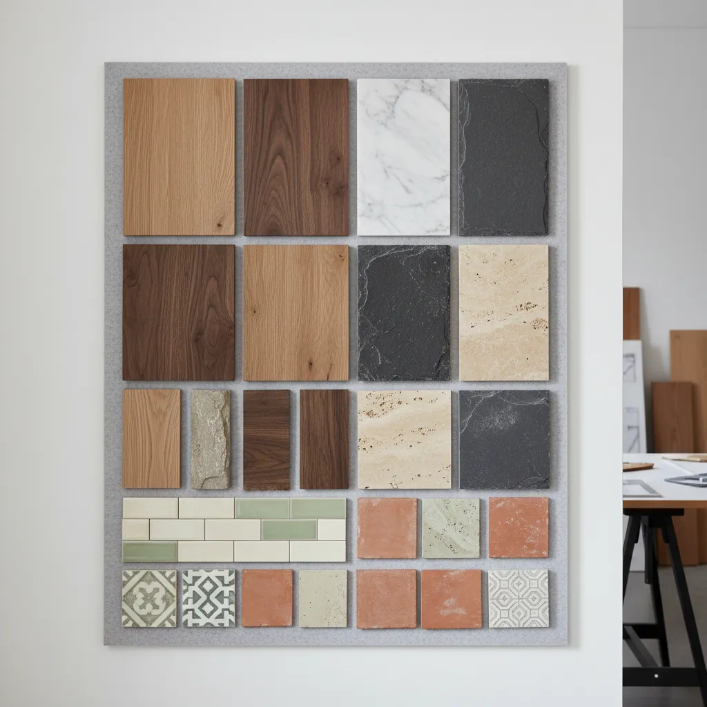 Detalle de materiales en interior con madera natural y piedra