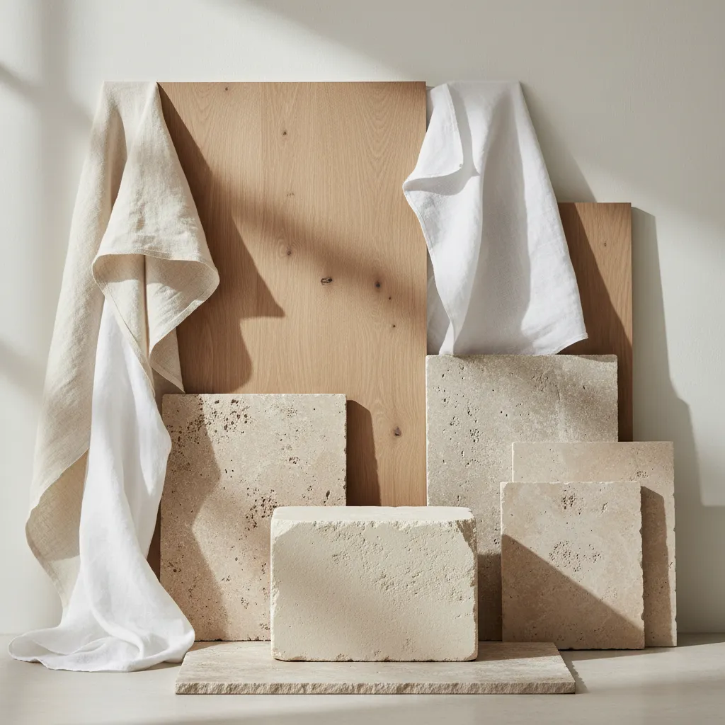 Interior mediterráneo con madera clara, lino y colores neutros