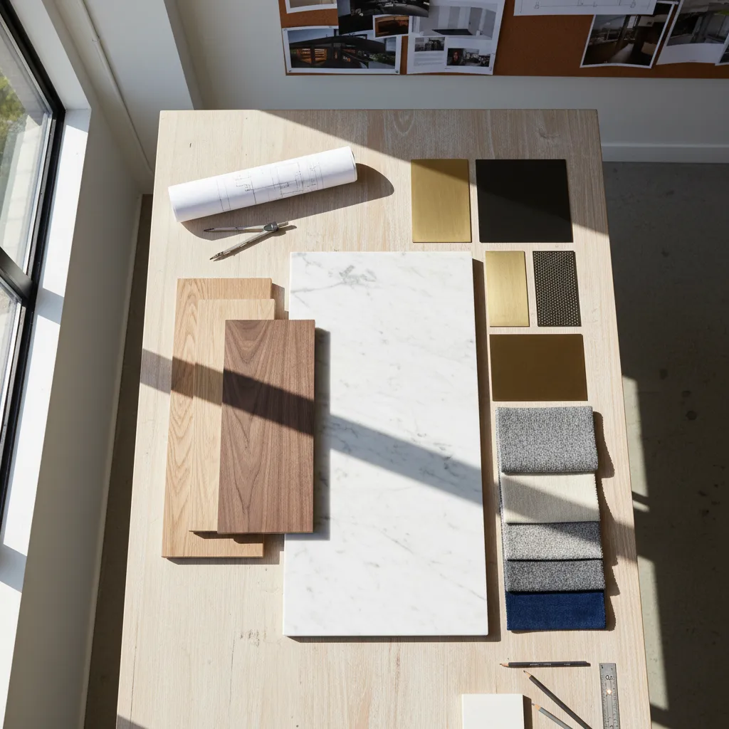Muestras de materiales de interiorismo sobre una mesa de diseño