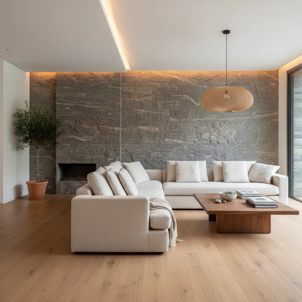 Living room with stone wall fireplace beige sofa wooden coffee table light fixture and plant