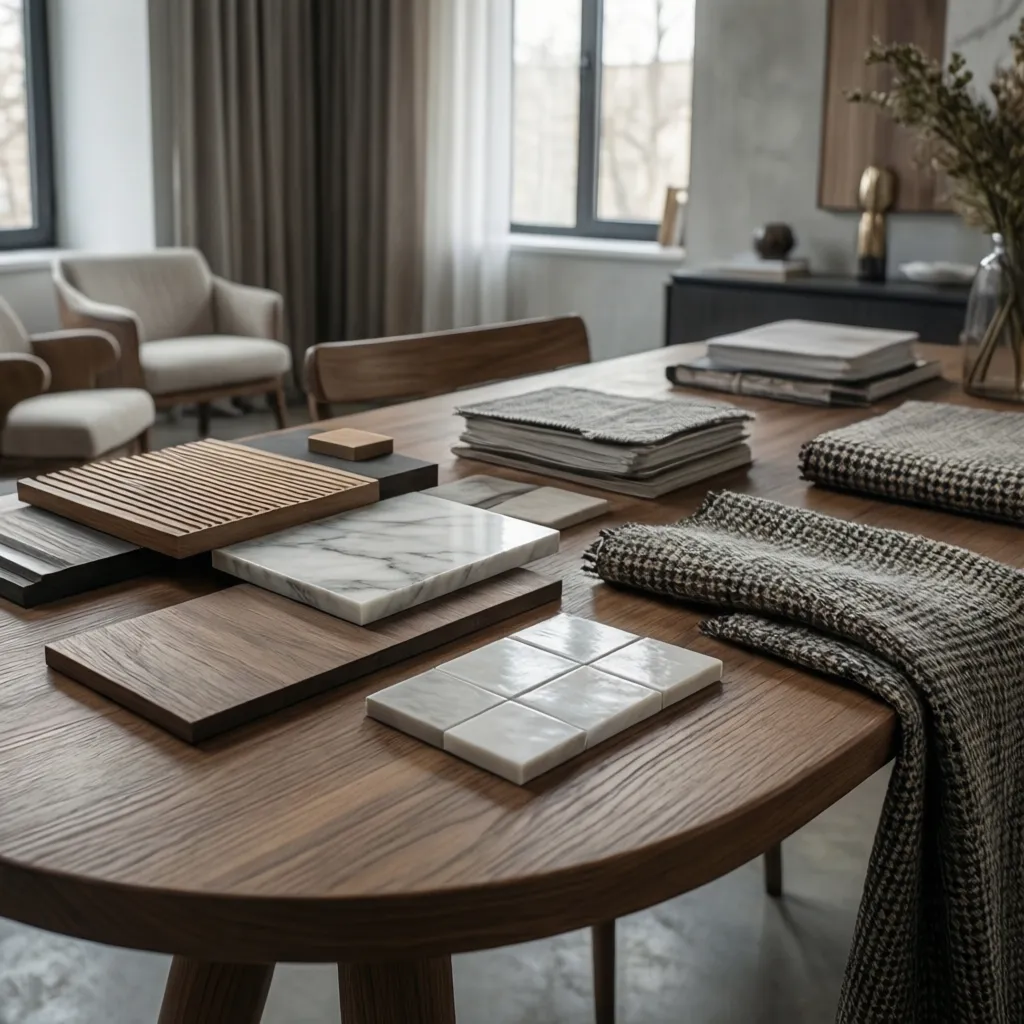 Selection of interior design materials like marble tiles and wood samples on a round table