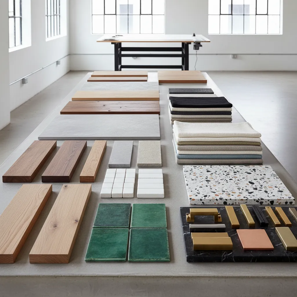 Selección de materiales para diseño interior sobre mesa de trabajo