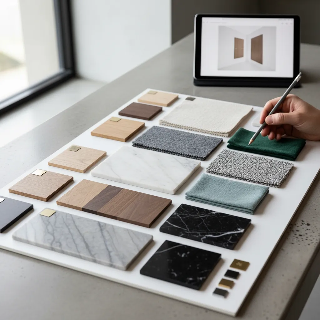 Hand with pencil choosing wood marble and fabric samples on board next to digital tablet