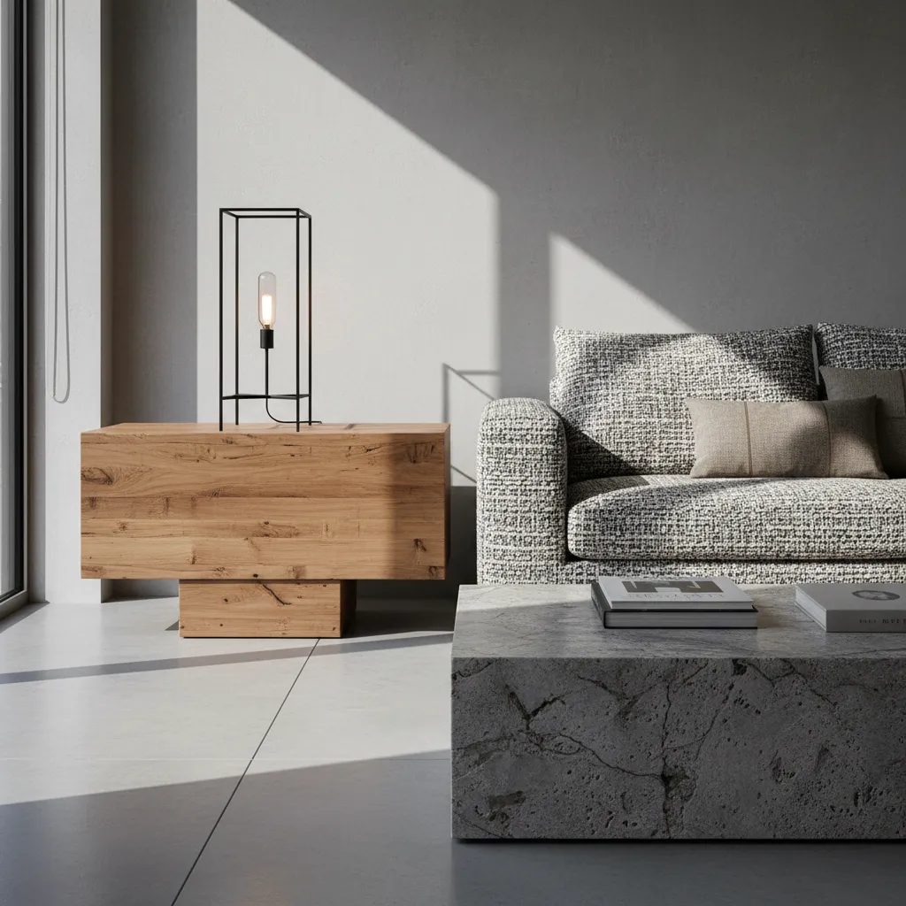 Detalle de materiales en un salón contemporáneo con madera y piedra