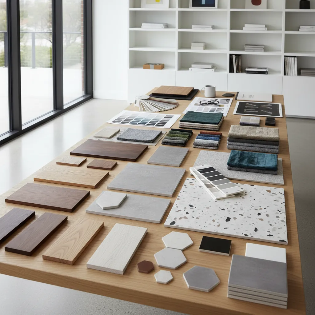 Mesa con muestras de materiales utilizados en diseño de interiores