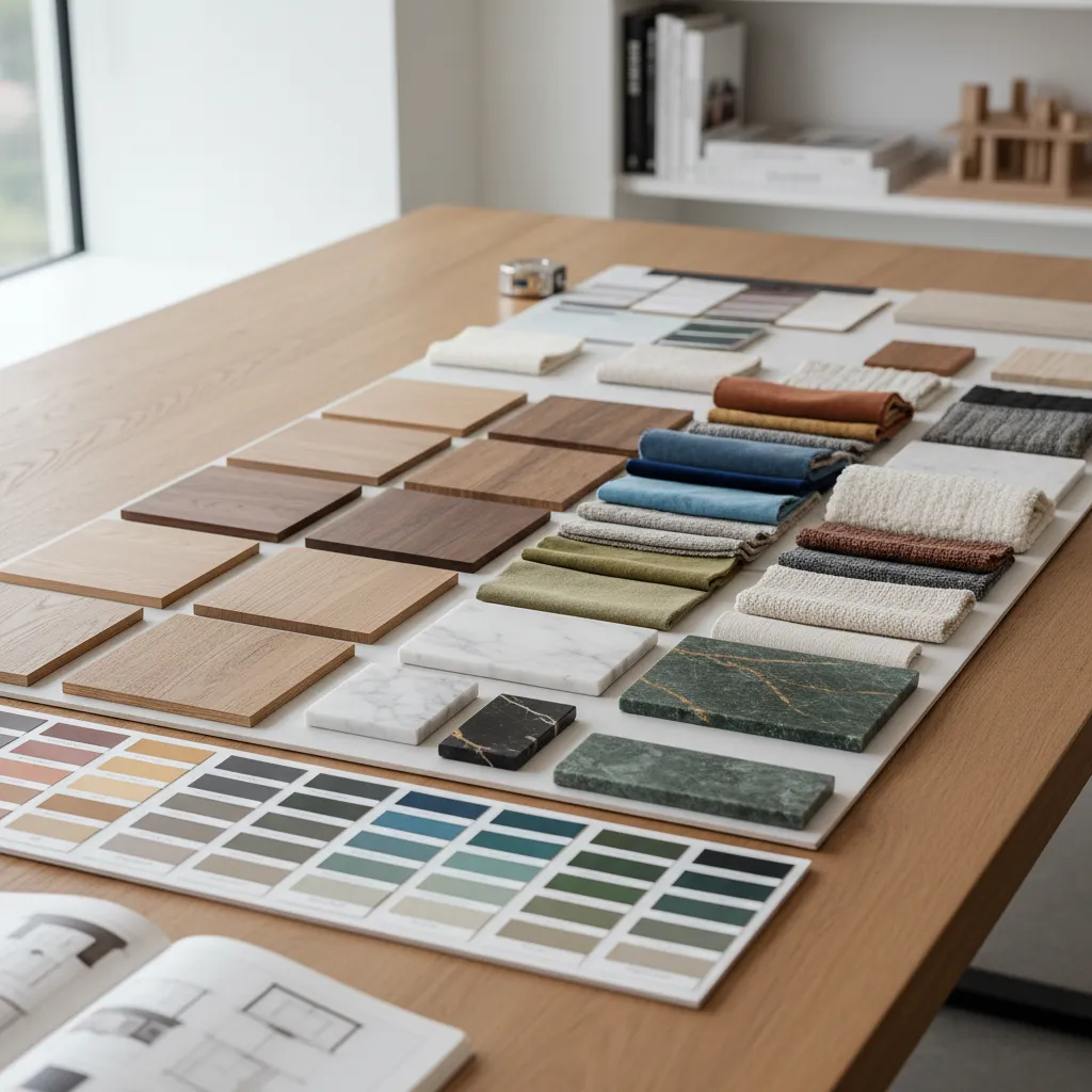 Mesa de trabajo con muestras de materiales de interiorismo