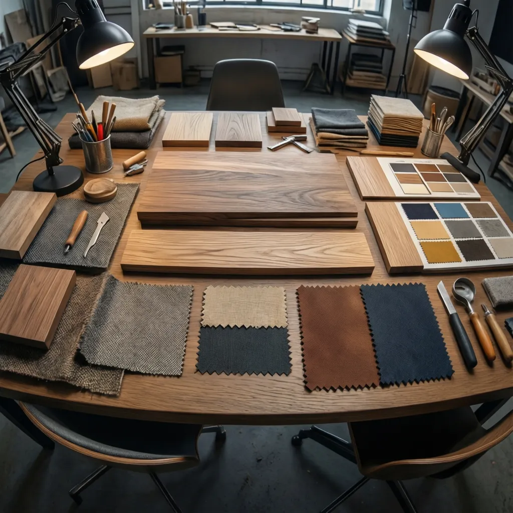 Mesa con muestras de materiales, telas y paletas de color para diseño interior