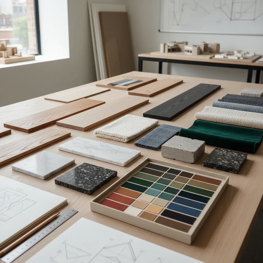 Muestras de materiales y paletas de color en mesa de diseño