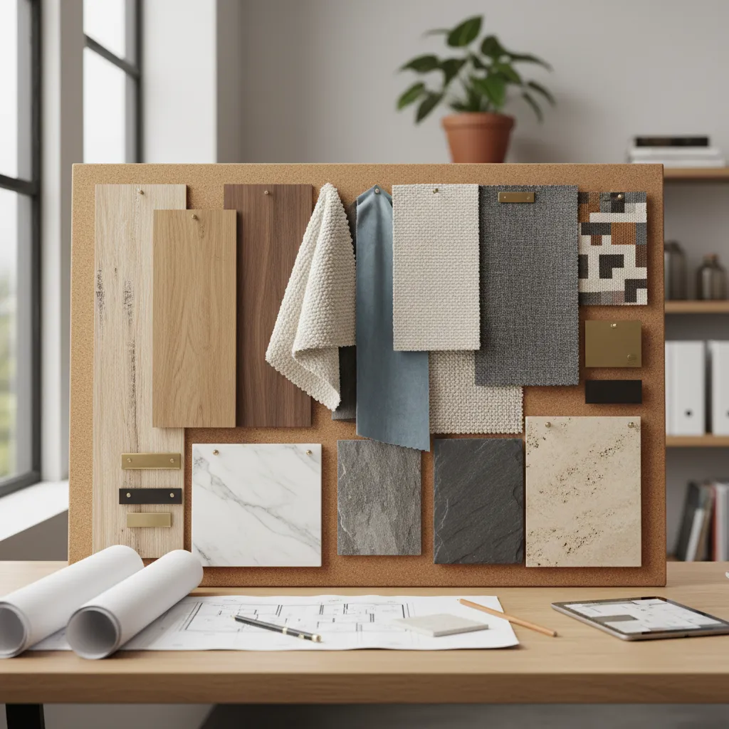 Corkboard with wood samples, fabric swatches, stone tiles, and interior design drawings on a desk