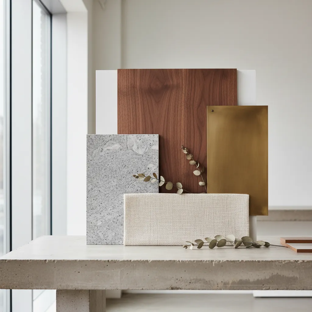 Interior design material samples including wood panel grey stone gold metal and fabric on table