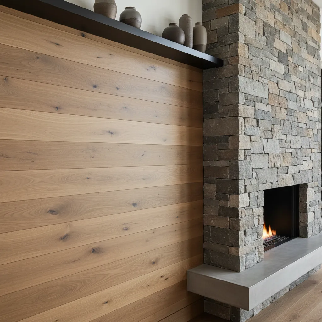 Detalle de materiales naturales como madera y piedra en interior de casa