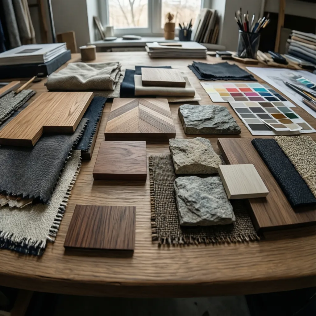 Interior design materials including wood blocks, stone, fabric swatches, and color samples on wooden table