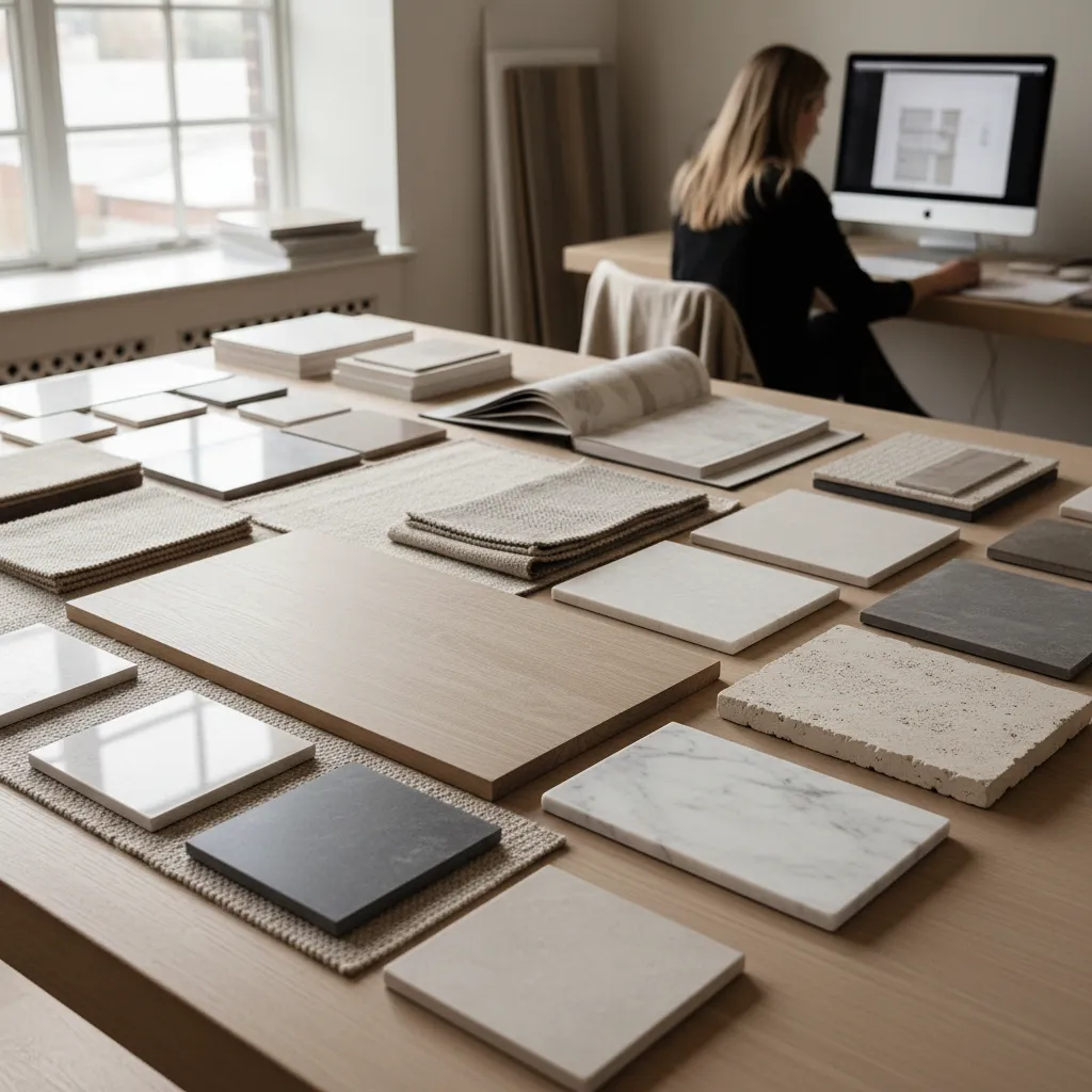 Muestras de materiales de interiorismo como madera, textiles y piedra sobre una mesa