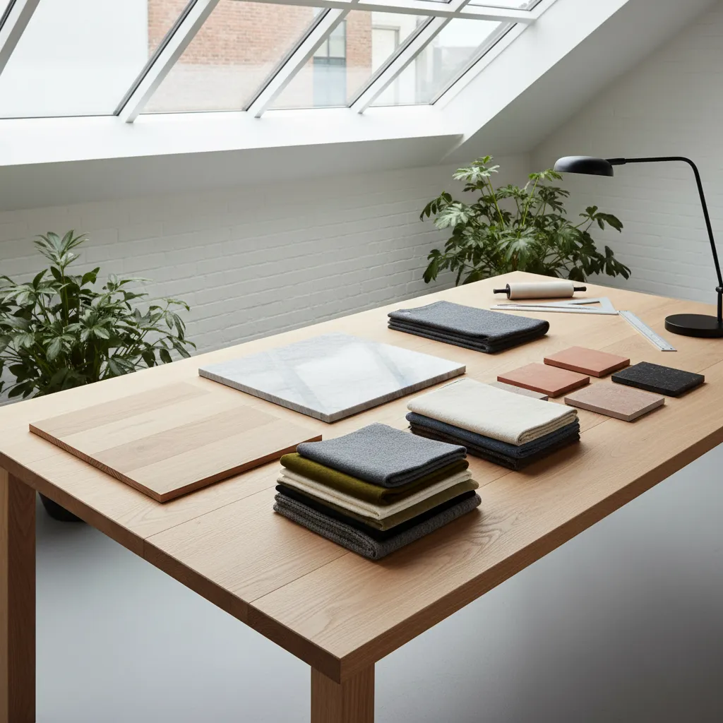 Muestras de madera, piedra y textiles usadas en diseño interior