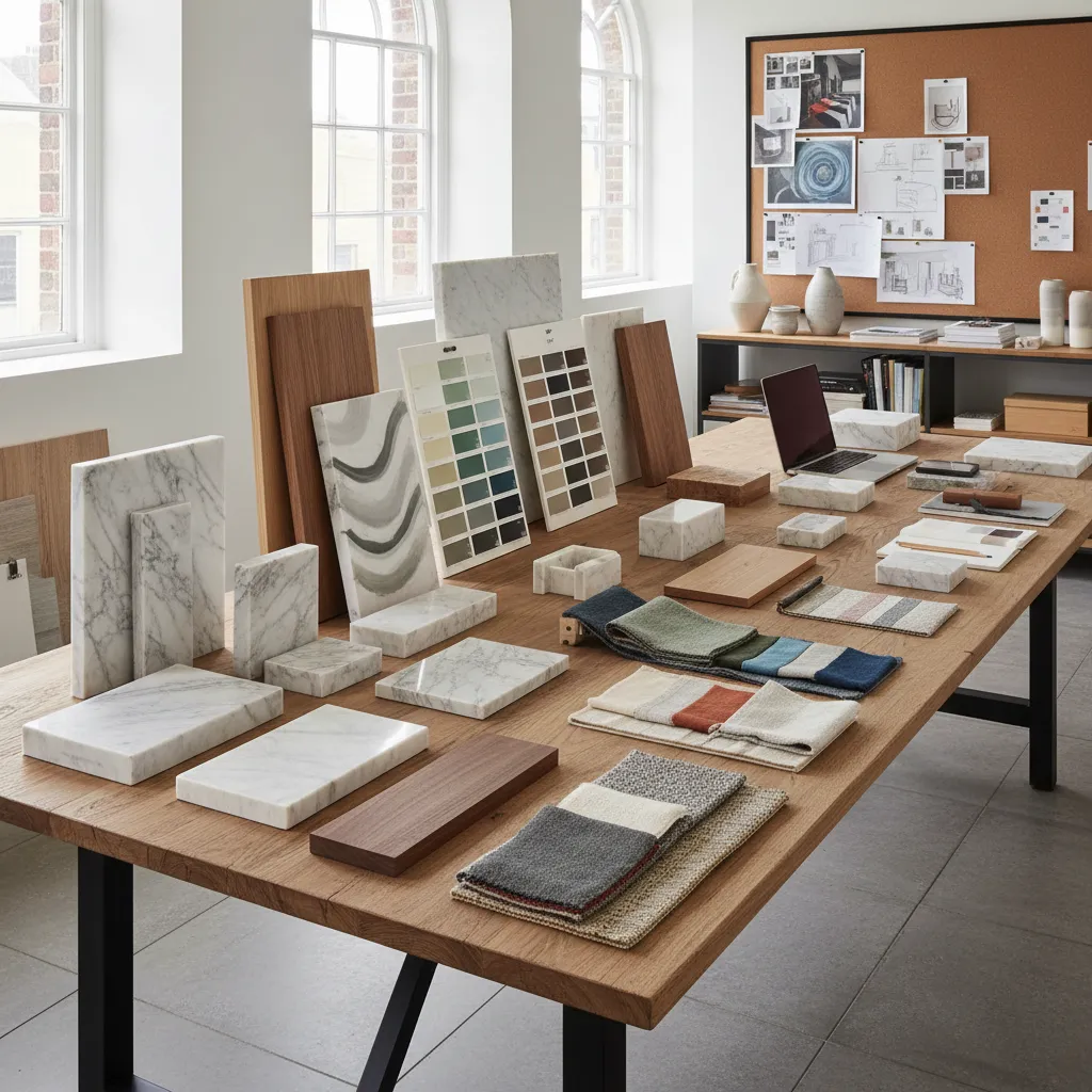 Mesa con muestras de materiales usados en diseño interior