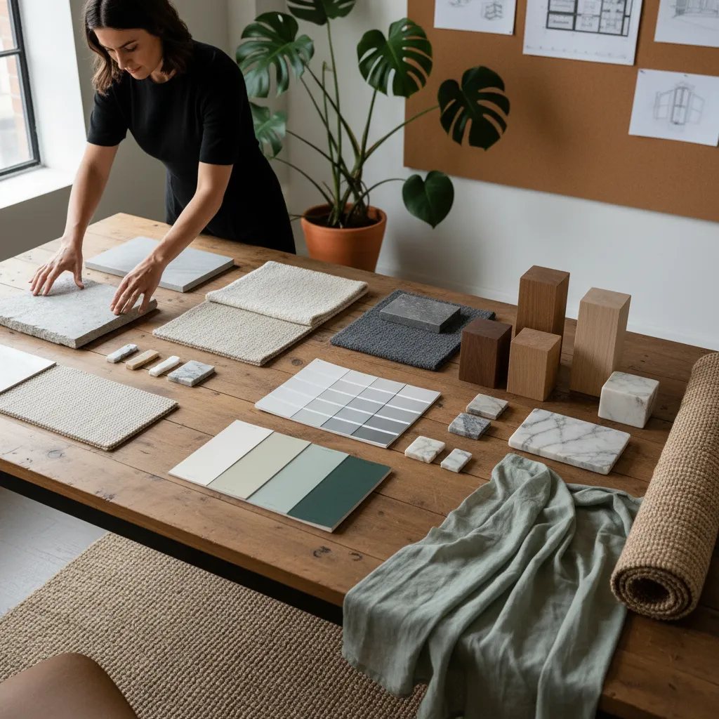 Muestras de materiales de interiorismo como madera, textiles y piedra