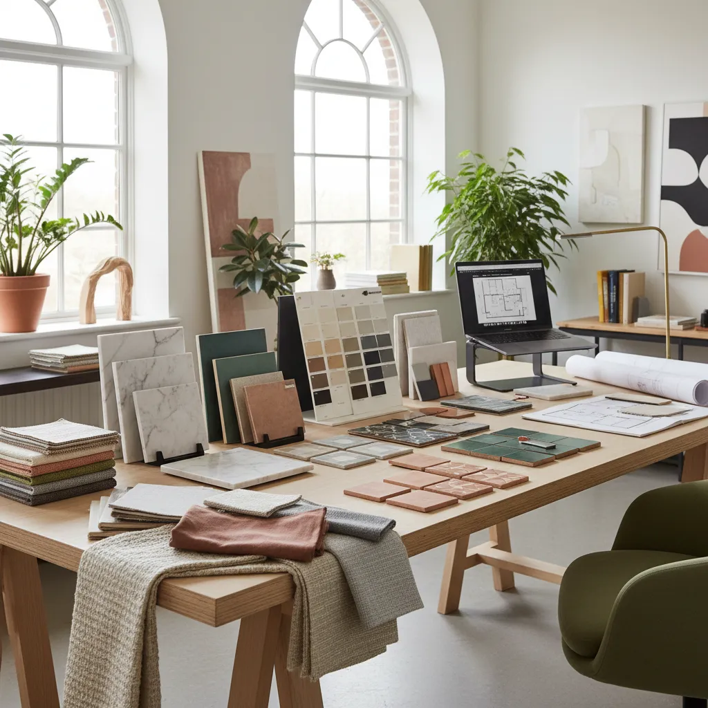Mesa con muestras de materiales usados en proyectos de interiorismo