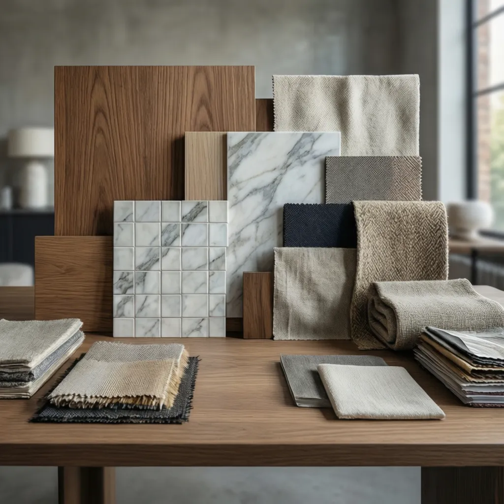 Muestras de madera, cerámica y piedra usadas en interiorismo