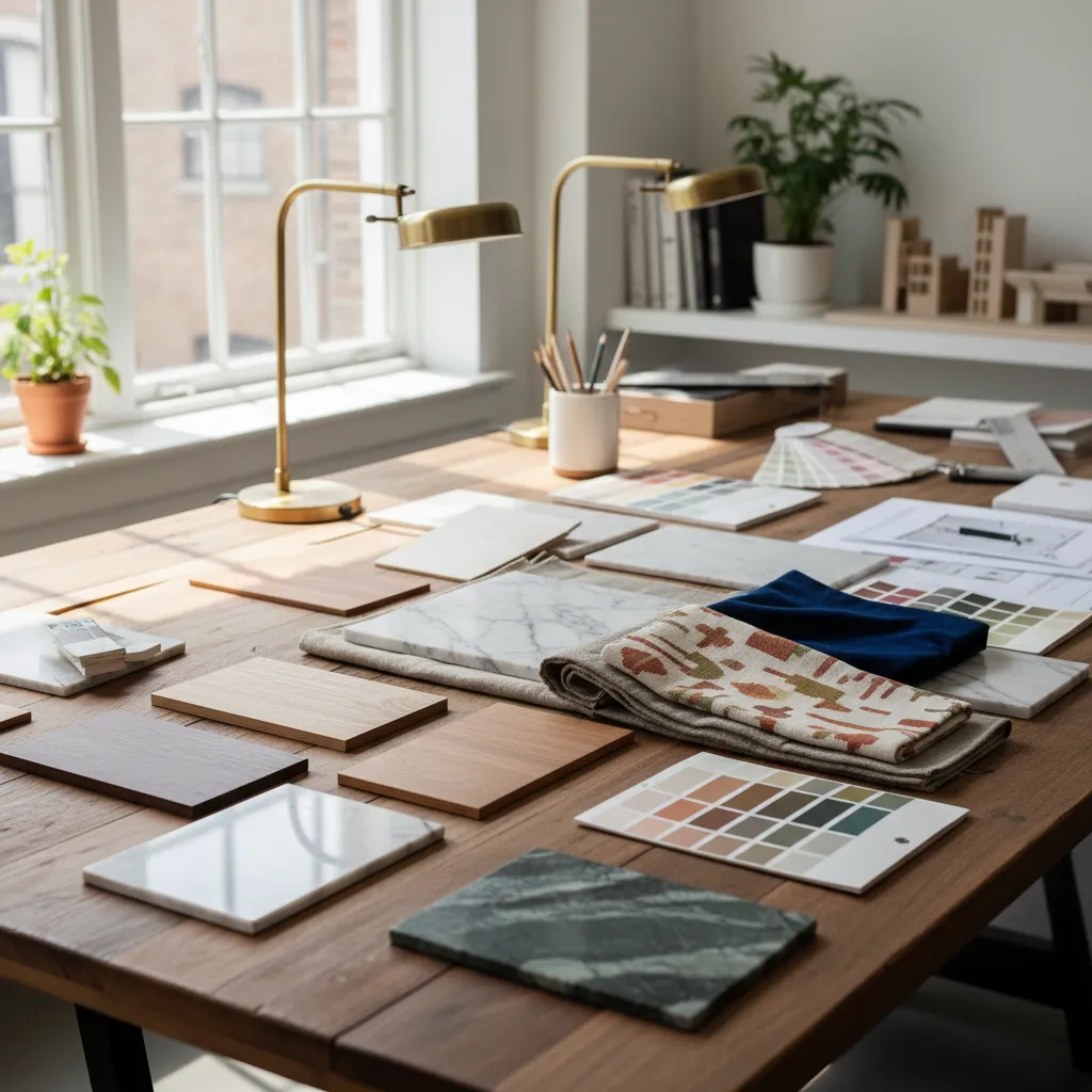 Interior design material samples including wood and stone on a desk with two gold lamps