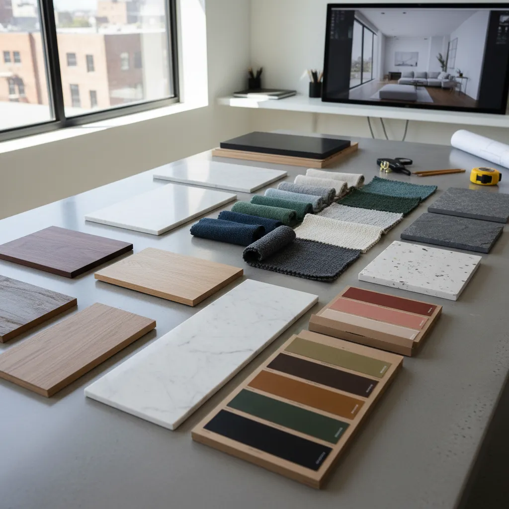 Muestras de materiales de interiorismo como madera, telas y piedra sobre una mesa